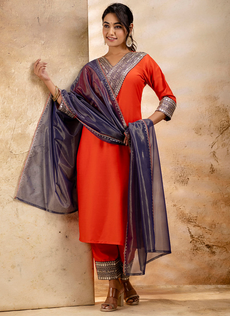 Vellora Viscose Rayon Orange Casual Wear Embroidery Work Readymade Salwar Suit - Distacart