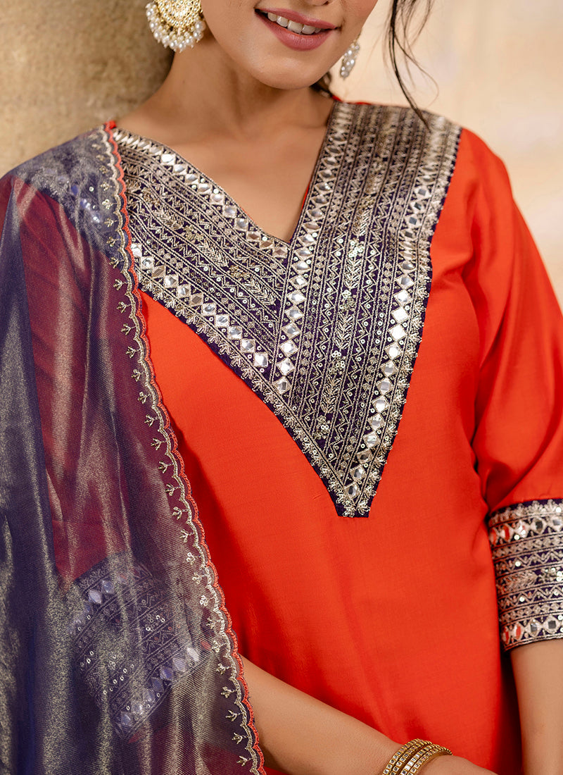 Vellora Viscose Rayon Orange Casual Wear Embroidery Work Readymade Salwar Suit - Distacart