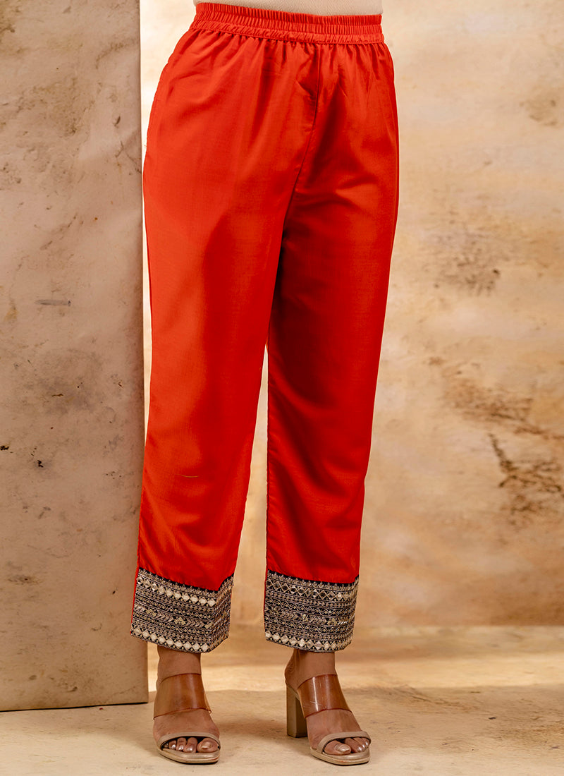 Vellora Viscose Rayon Orange Casual Wear Embroidery Work Readymade Salwar Suit - Distacart