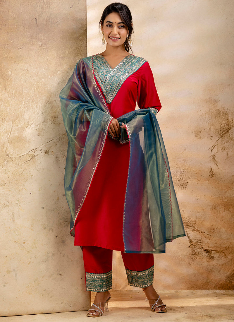 Vellora Viscose Rayon Red Casual Wear Embroidery Work Readymade Salwar Suit - Distacart