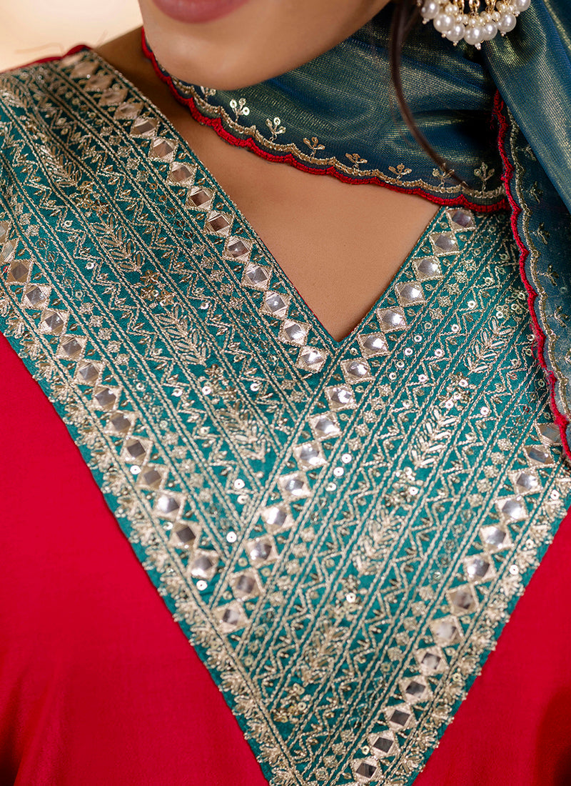 Vellora Viscose Rayon Red Casual Wear Embroidery Work Readymade Salwar Suit - Distacart
