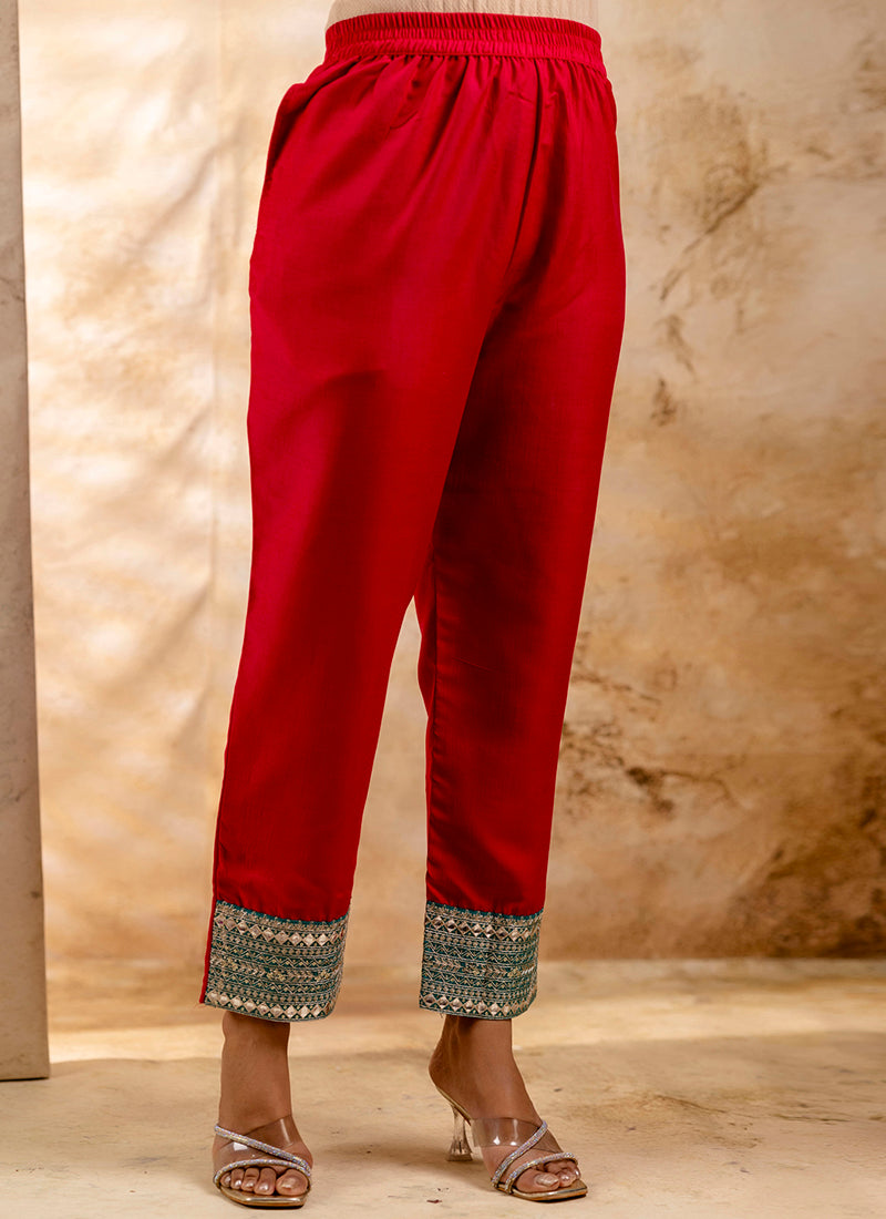 Vellora Viscose Rayon Red Casual Wear Embroidery Work Readymade Salwar Suit - Distacart