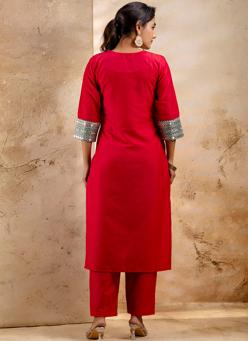 Vellora Viscose Rayon Red Casual Wear Embroidery Work Readymade Salwar Suit - Distacart