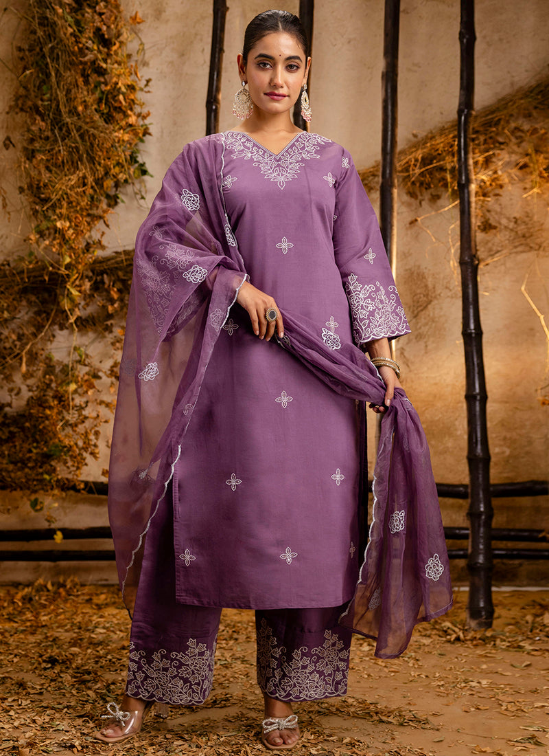 Vellora Silk Blend Lavender Casual Wear Embroidery Work Readymade Salwar Suit - Distacart