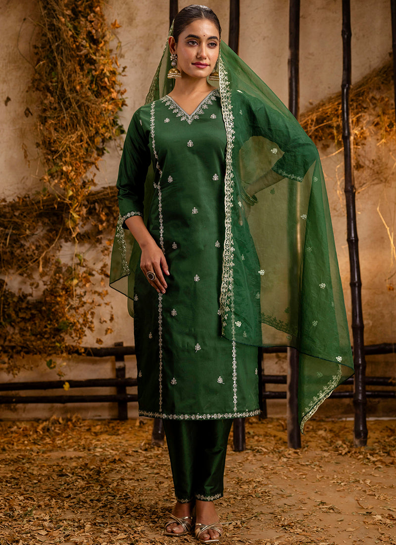 Vellora Silk Blend Dark Green Casual Wear Embroidery Work Readymade Salwar Suit - Distacart