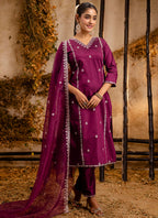 Vellora Silk Blend Wine Casual Wear Embroidery Work Readymade Salwar Suit - Distacart