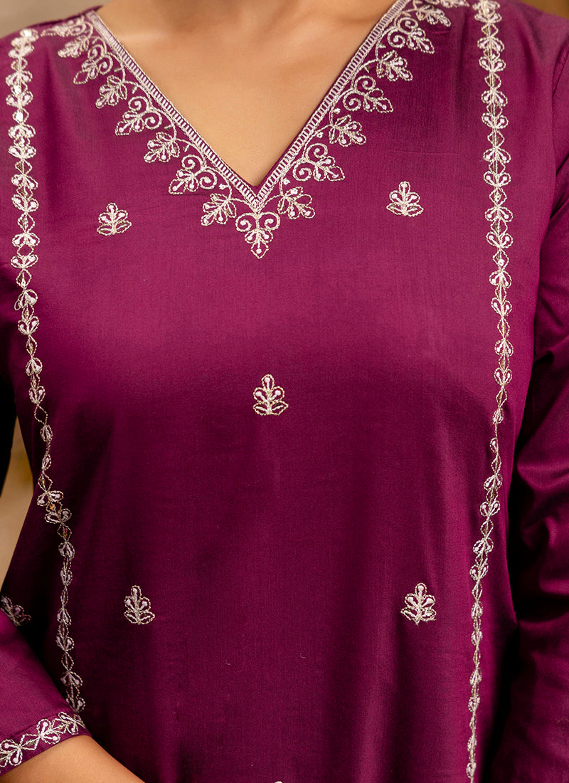 Vellora Silk Blend Wine Casual Wear Embroidery Work Readymade Salwar Suit - Distacart