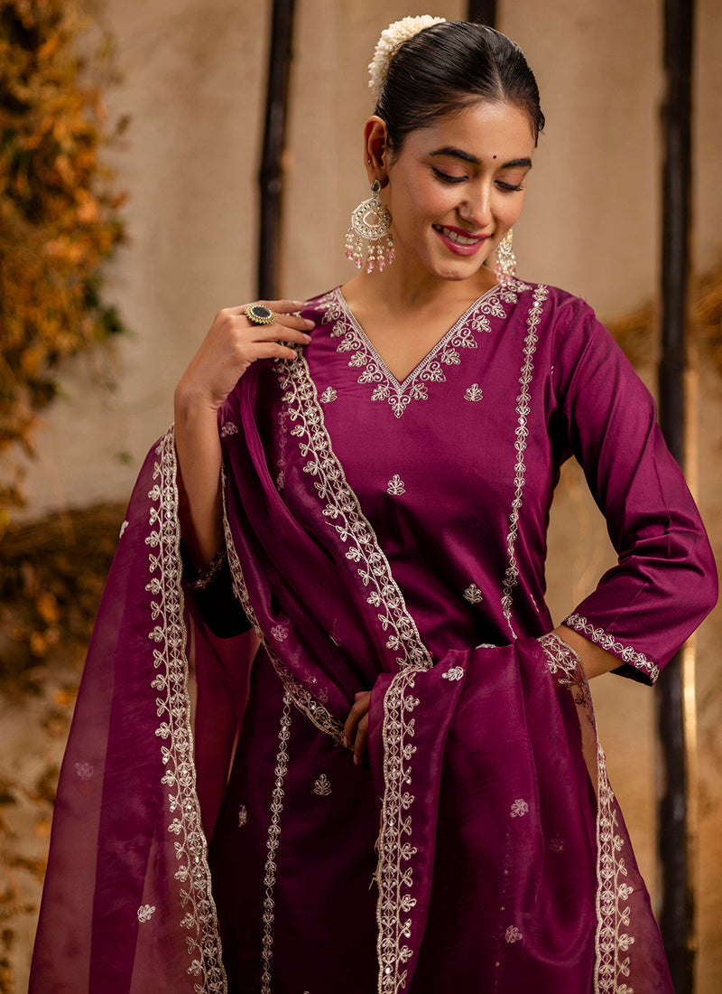 Vellora Silk Blend Wine Casual Wear Embroidery Work Readymade Salwar Suit - Distacart