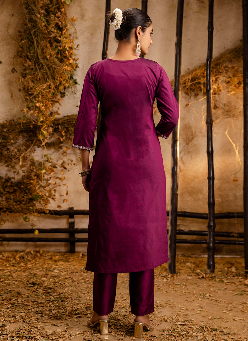 Vellora Silk Blend Wine Casual Wear Embroidery Work Readymade Salwar Suit - Distacart