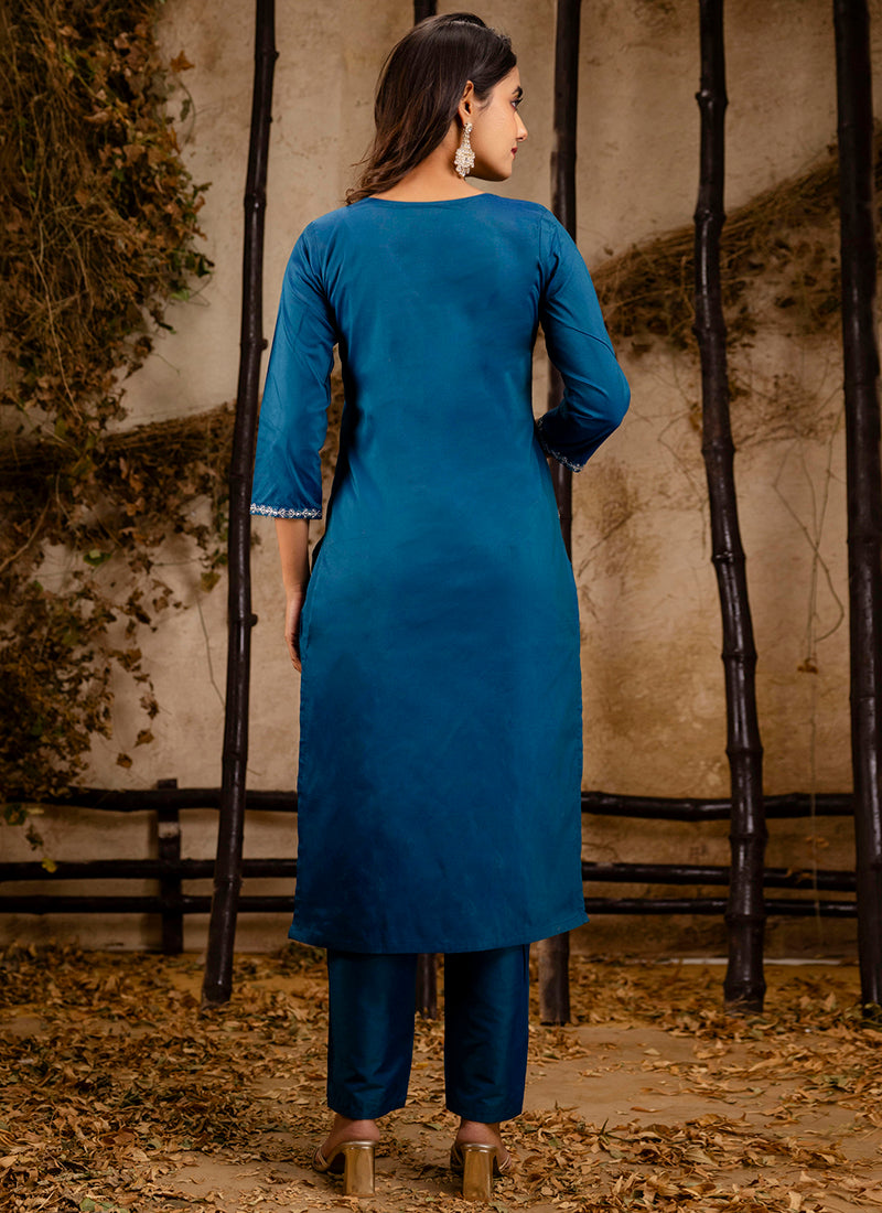 Vellora Silk Blend Navy Blue Casual Wear Embroidery Work Readymade Salwar Suit - Distacart