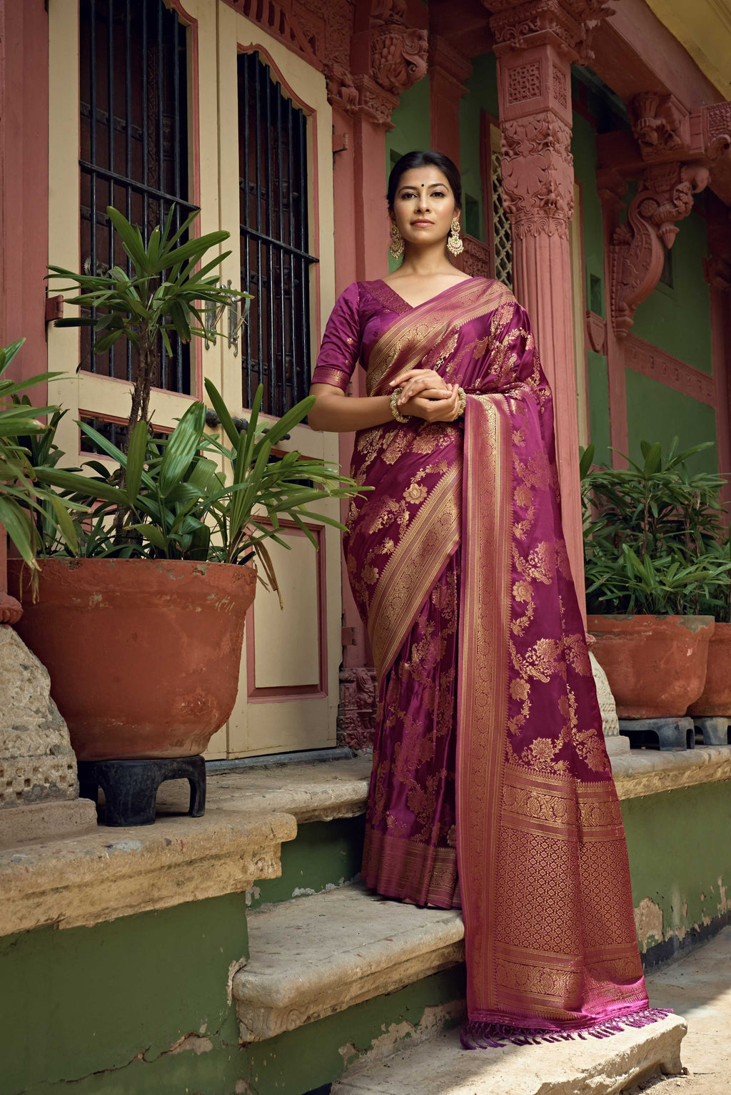 Vardha Mulberry Violet Golden Zari Banarasi Satin Silk Saree