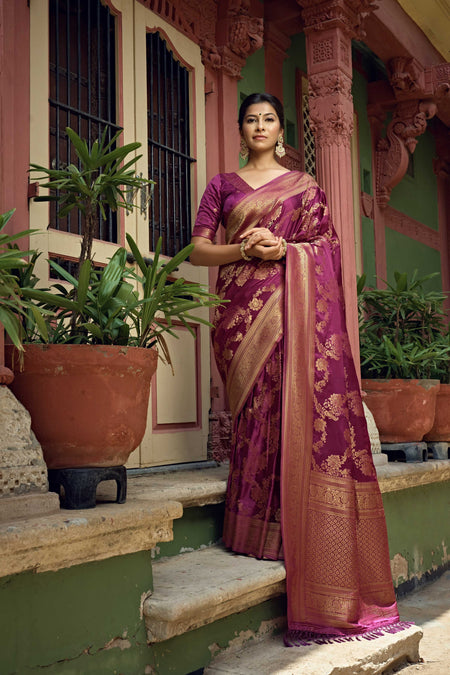 Vardha Mulberry Violet Golden Zari Banarasi Satin Silk Saree