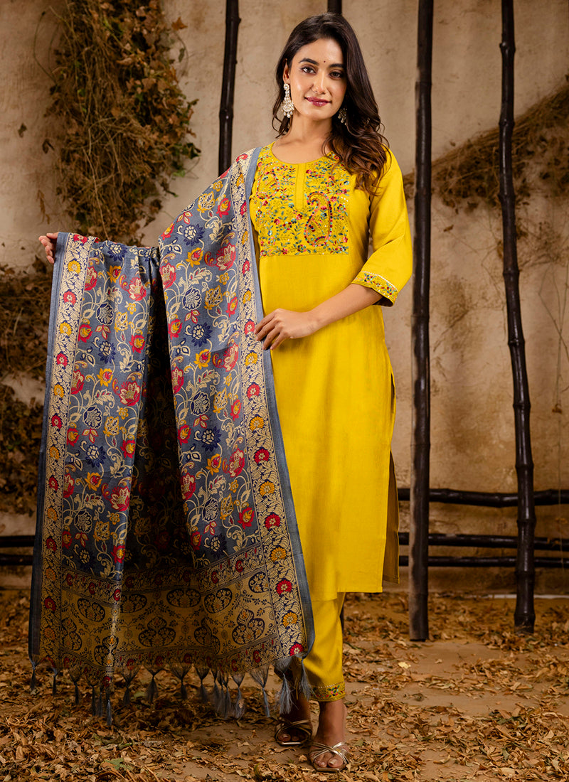 Vellora Viscose Rayon Mustard Party Wear Embroidery Work Readymade Salwar Suit - Distacart