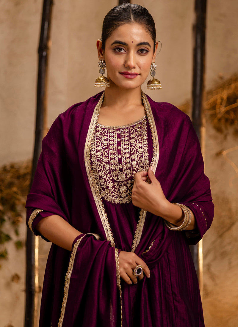 Vellora Silk Blend Wine Party Wear Embroidery Work Readymade Salwar Suit - Distacart