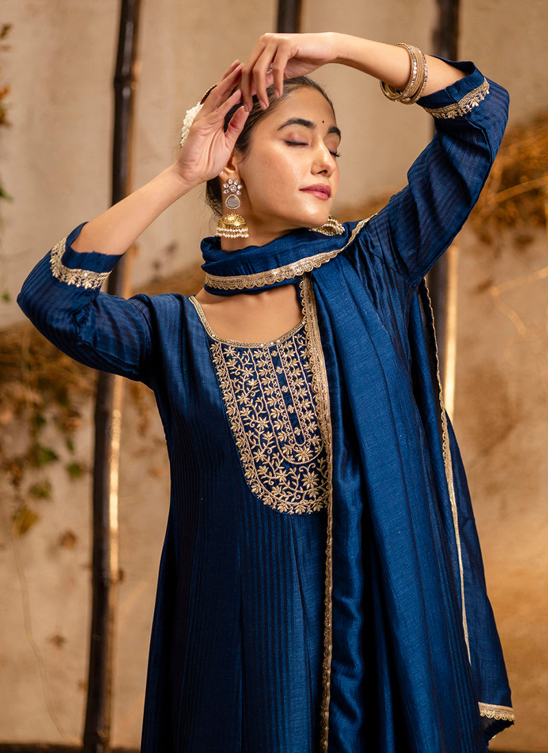 Vellora Silk Blend Navy Blue Party Wear Embroidery Work Readymade Salwar Suit - Distacart