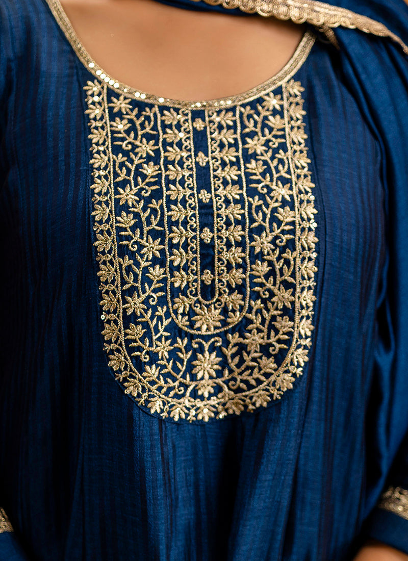Vellora Silk Blend Navy Blue Party Wear Embroidery Work Readymade Salwar Suit - Distacart