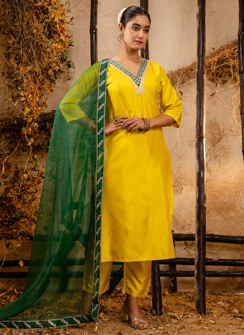 Vellora Silk Blend Yellow Party Wear Embroidery Work Readymade Salwar Suit - Distacart