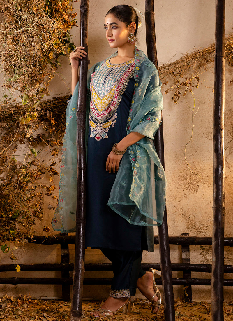 Vellora Viscose Teal Festival Wear Embroidery Work Readymade Salwar Suit - Distacart