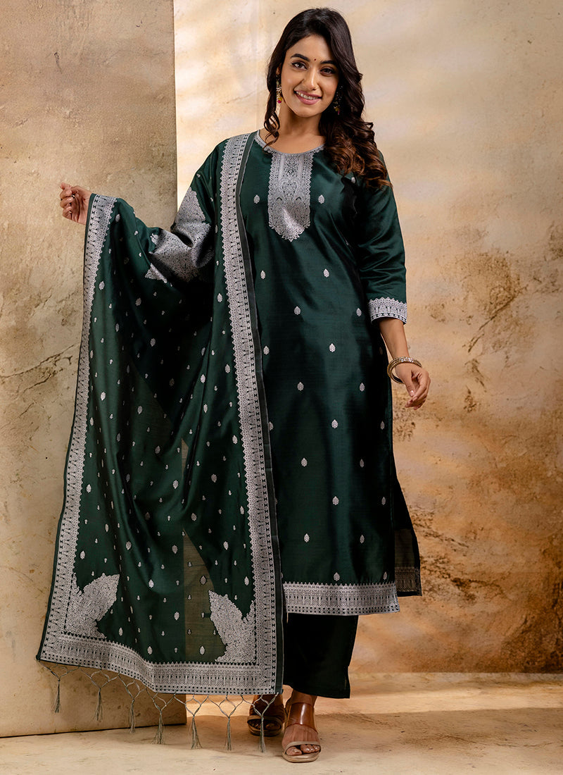 Vellora Cotton Blend Dark Green Party Wear Weaving Work Readymade Salwar Suit - Distacart