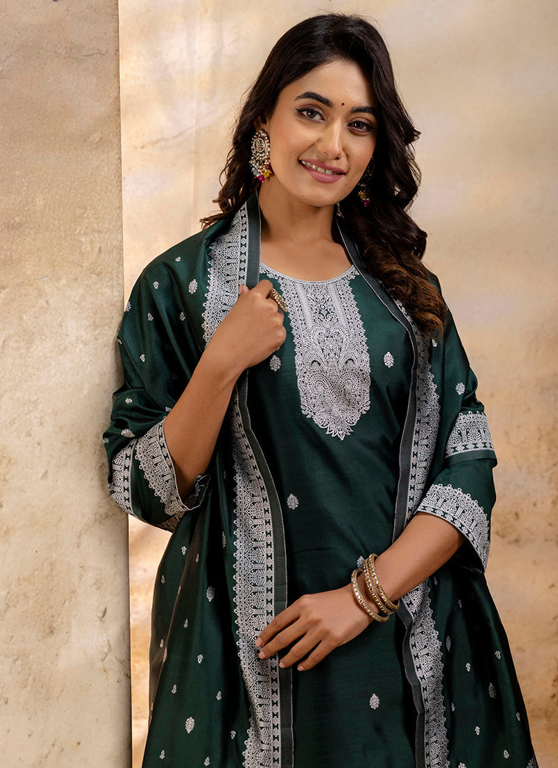 Vellora Cotton Blend Dark Green Party Wear Weaving Work Readymade Salwar Suit - Distacart