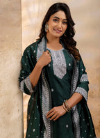 Vellora Cotton Blend Dark Green Party Wear Weaving Work Readymade Salwar Suit - Distacart