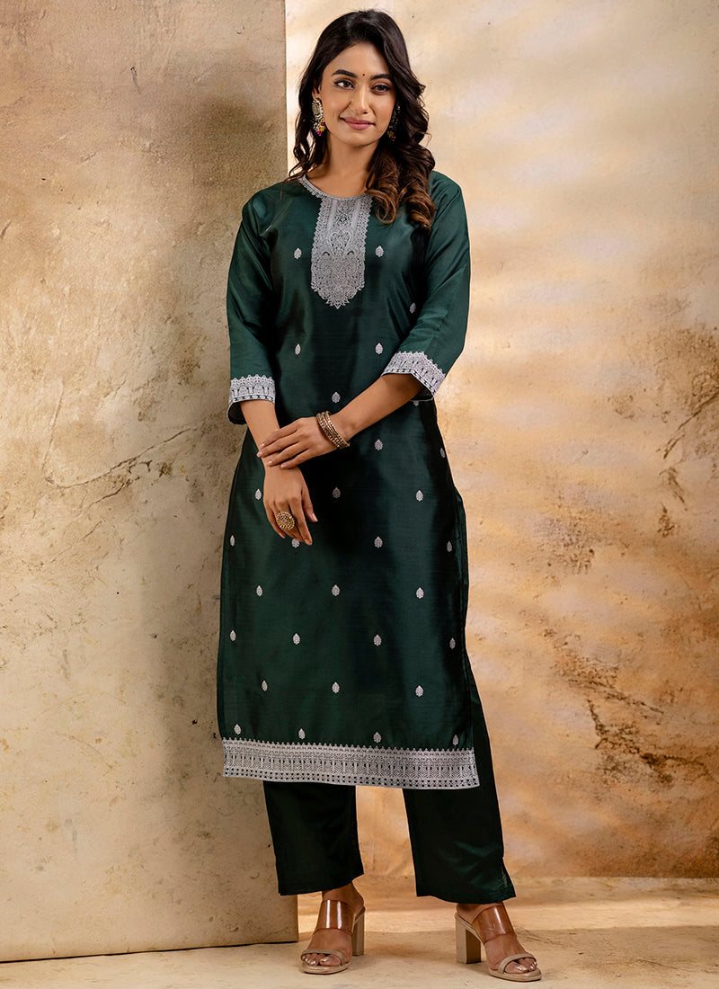 Vellora Cotton Blend Dark Green Party Wear Weaving Work Readymade Salwar Suit - Distacart