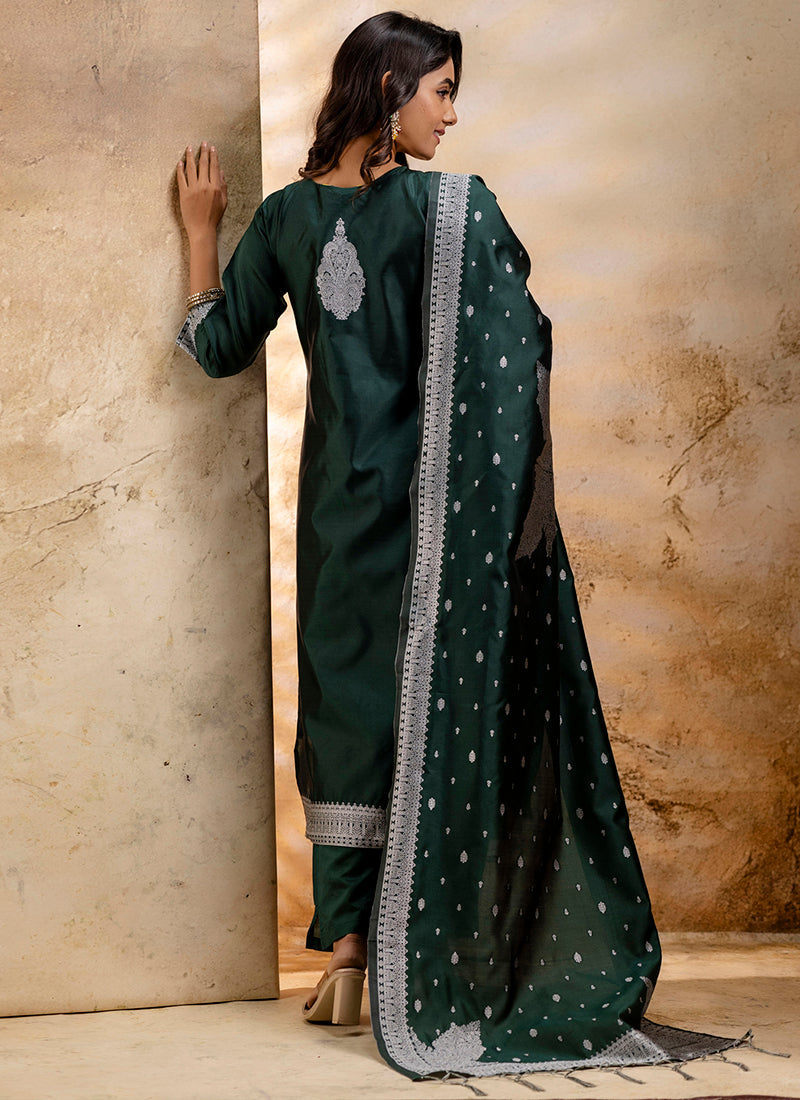 Vellora Cotton Blend Dark Green Party Wear Weaving Work Readymade Salwar Suit - Distacart