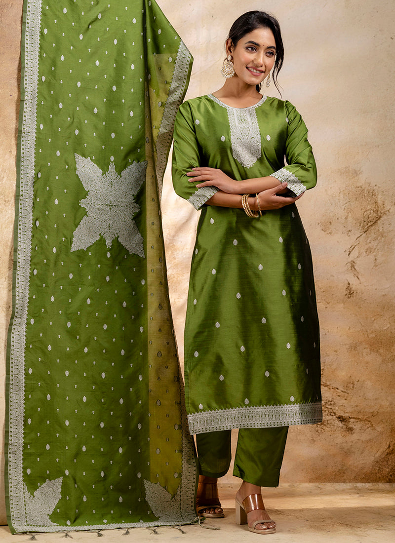 Vellora Cotton Blend Mehendi Party Wear Weaving Work Readymade Salwar Suit - Distacart