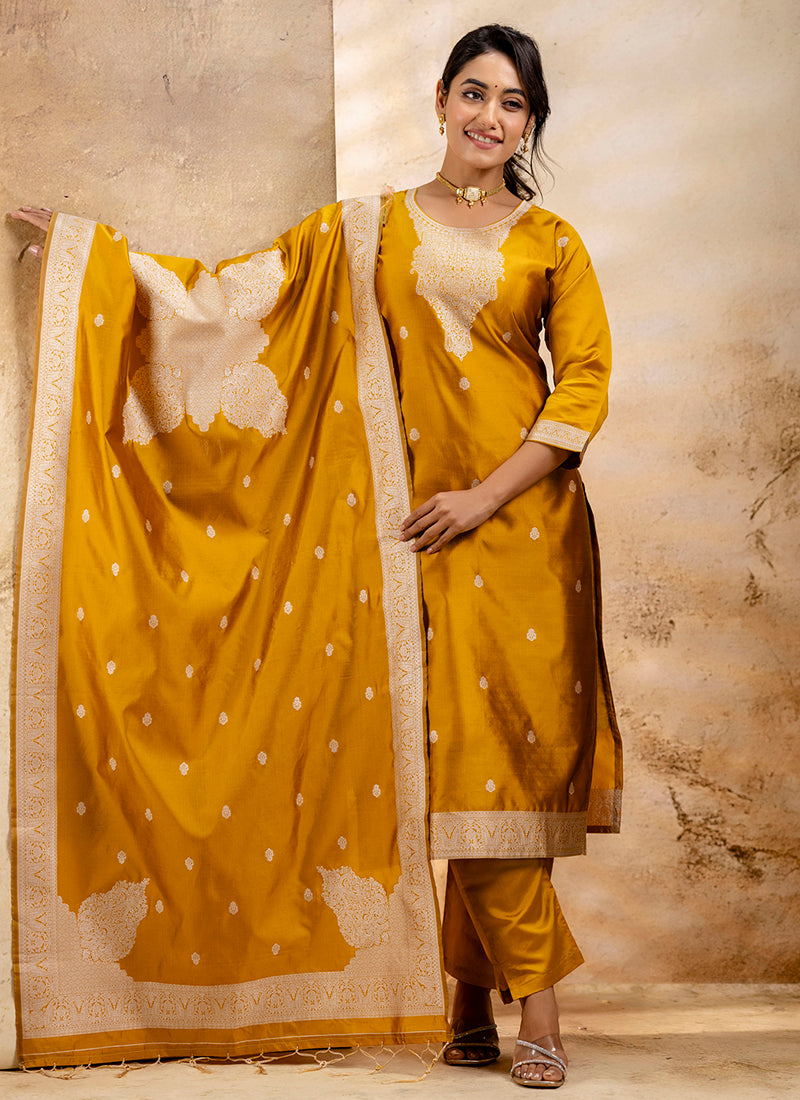 Vellora Cotton Blend Mustard Party Wear Weaving Work Readymade Salwar Suit - Distacart