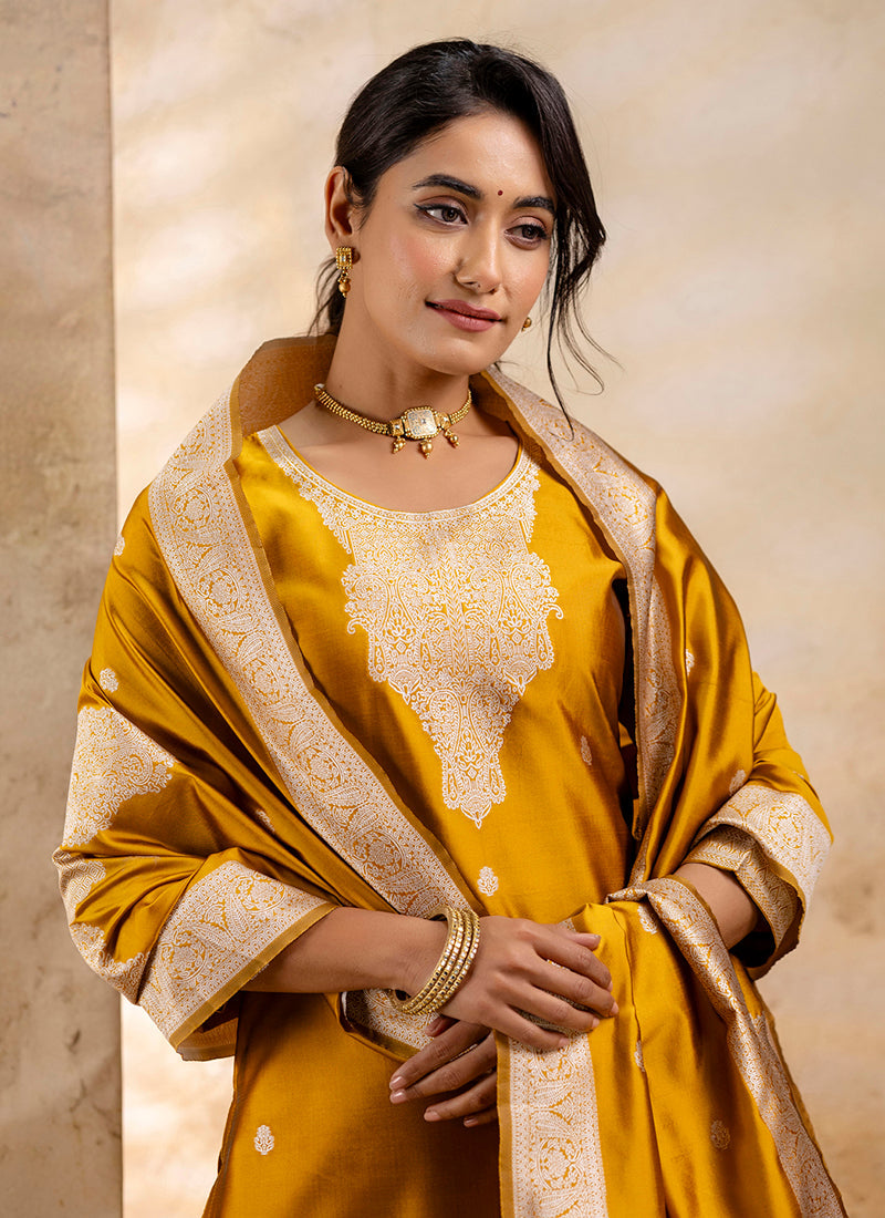 Vellora Cotton Blend Mustard Party Wear Weaving Work Readymade Salwar Suit - Distacart