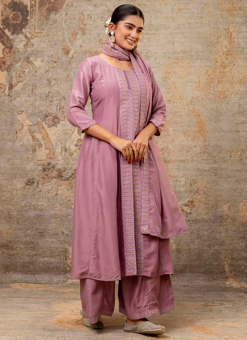 Vellora Silk Blend Dusty Pink Casual Wear Embroidery Work Readymade Plazzo Suit - Distacart