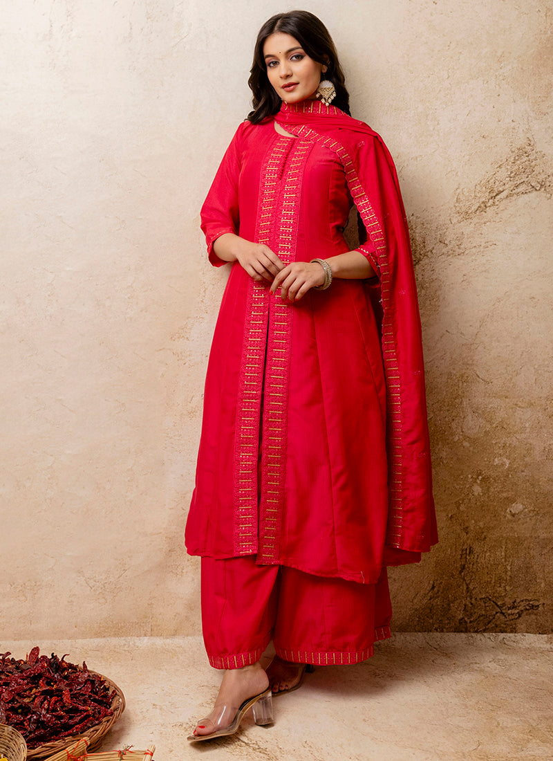 Vellora Silk Blend Red Casual Wear Embroidery Work Readymade Plazzo Suit - Distacart