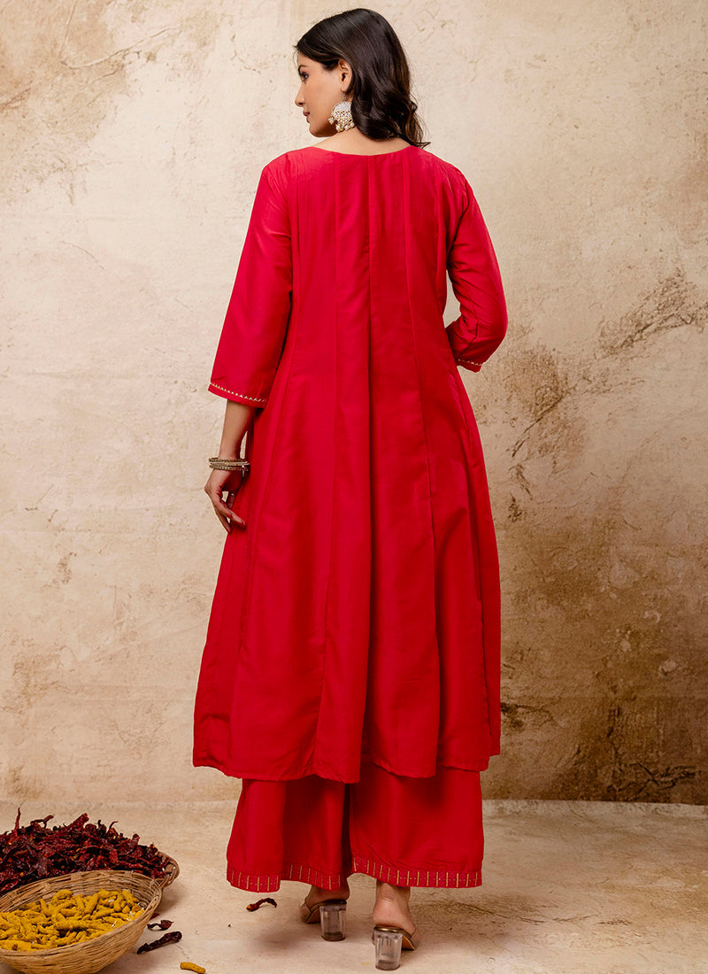 Vellora Silk Blend Red Casual Wear Embroidery Work Readymade Plazzo Suit - Distacart