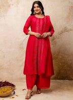 Vellora Silk Blend Red Casual Wear Embroidery Work Readymade Plazzo Suit - Distacart