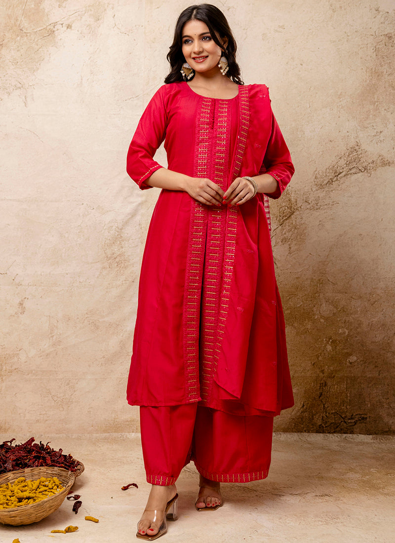 Vellora Silk Blend Red Casual Wear Embroidery Work Readymade Plazzo Suit - Distacart