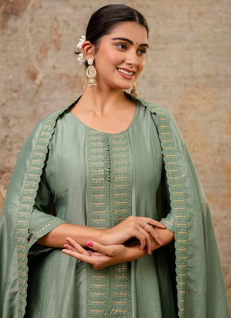 Vellora Silk Blend Sage Green Casual Wear Embroidery Work Readymade Plazzo Suit - Distacart