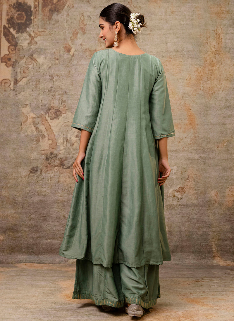 Vellora Silk Blend Sage Green Casual Wear Embroidery Work Readymade Plazzo Suit - Distacart