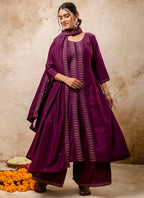 Vellora Silk Blend Wine Casual Wear Embroidery Work Readymade Plazzo Suit - Distacart