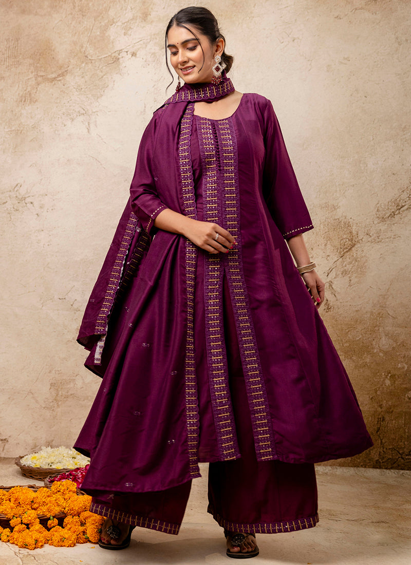 Vellora Silk Blend Wine Casual Wear Embroidery Work Readymade Plazzo Suit - Distacart