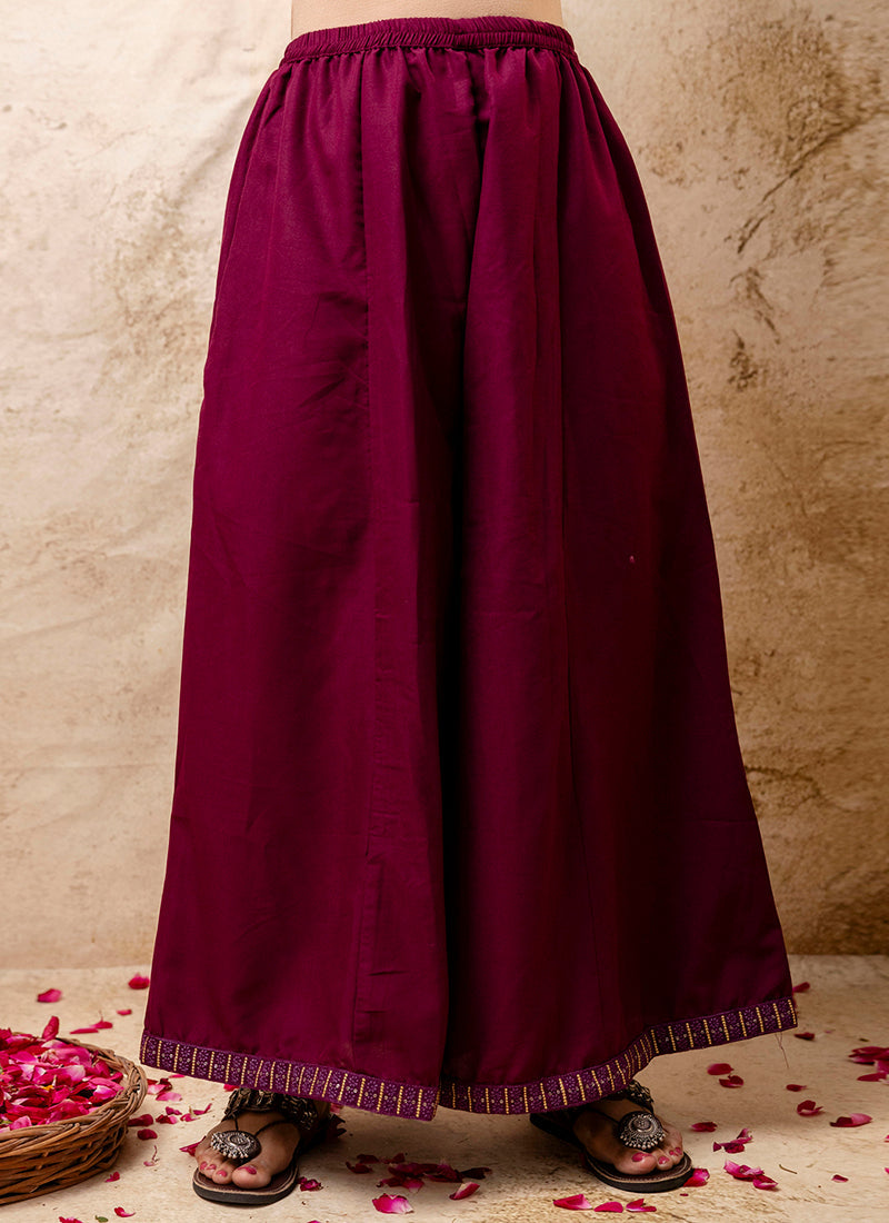 Vellora Silk Blend Wine Casual Wear Embroidery Work Readymade Plazzo Suit - Distacart