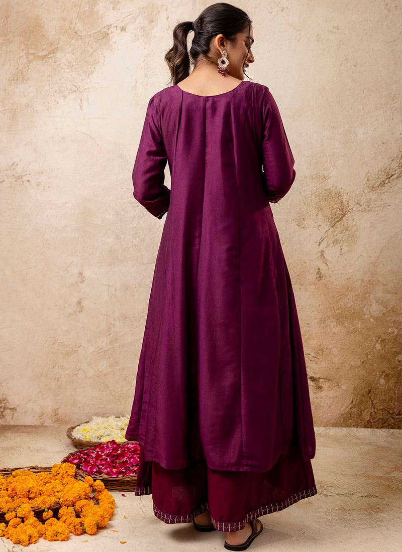 Vellora Silk Blend Wine Casual Wear Embroidery Work Readymade Plazzo Suit - Distacart