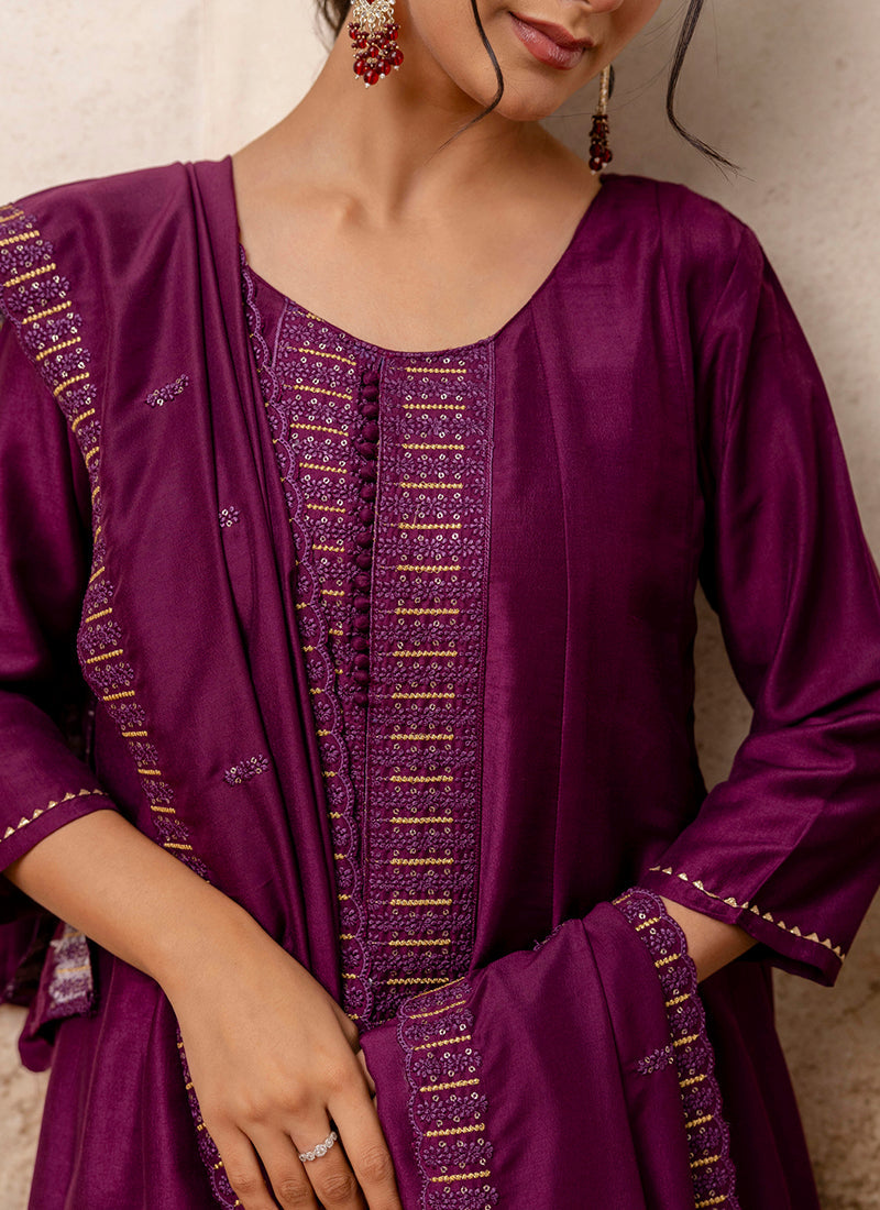 Vellora Silk Blend Wine Casual Wear Embroidery Work Readymade Plazzo Suit - Distacart