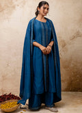 Vellora Silk Blend Navy Blue Casual Wear Embroidery Work Readymade Plazzo Suit - Distacart