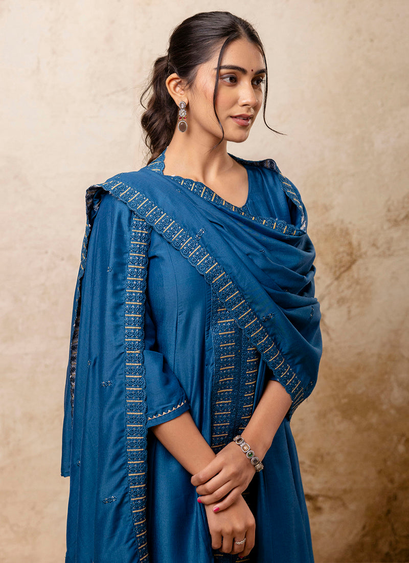 Vellora Silk Blend Navy Blue Casual Wear Embroidery Work Readymade Plazzo Suit - Distacart