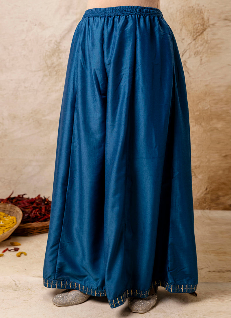 Vellora Silk Blend Navy Blue Casual Wear Embroidery Work Readymade Plazzo Suit - Distacart