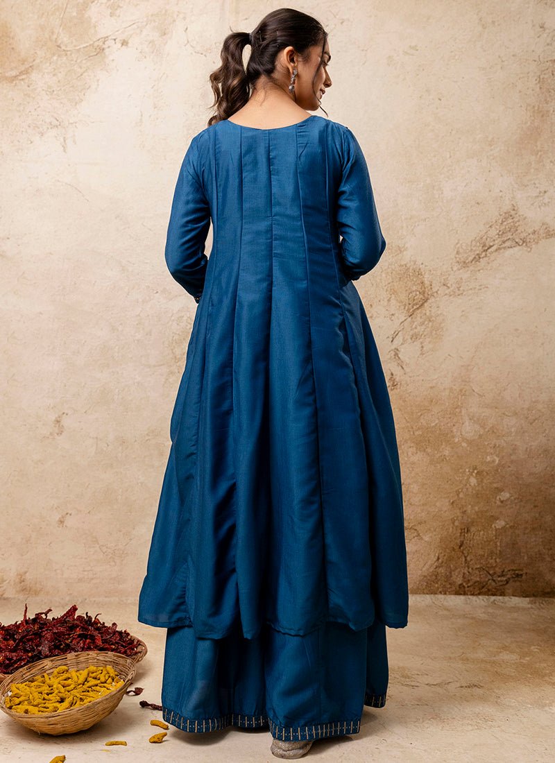 Vellora Silk Blend Navy Blue Casual Wear Embroidery Work Readymade Plazzo Suit - Distacart