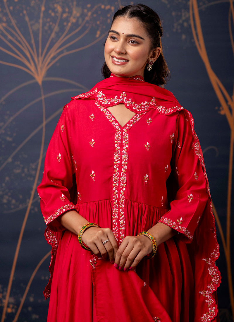 Vellora Silk Blend Red Designer Wear Embroidery Work Readymade Anarkali Suit - Distacart