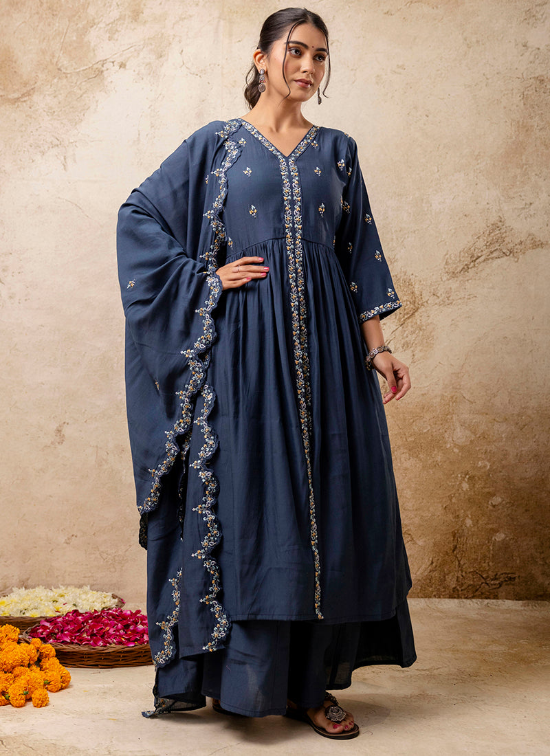 Vellora Silk Blend Teal Designer Wear Embroidery Work Readymade Anarkali Suit - Distacart