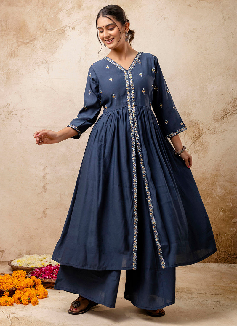 Vellora Silk Blend Teal Designer Wear Embroidery Work Readymade Anarkali Suit - Distacart