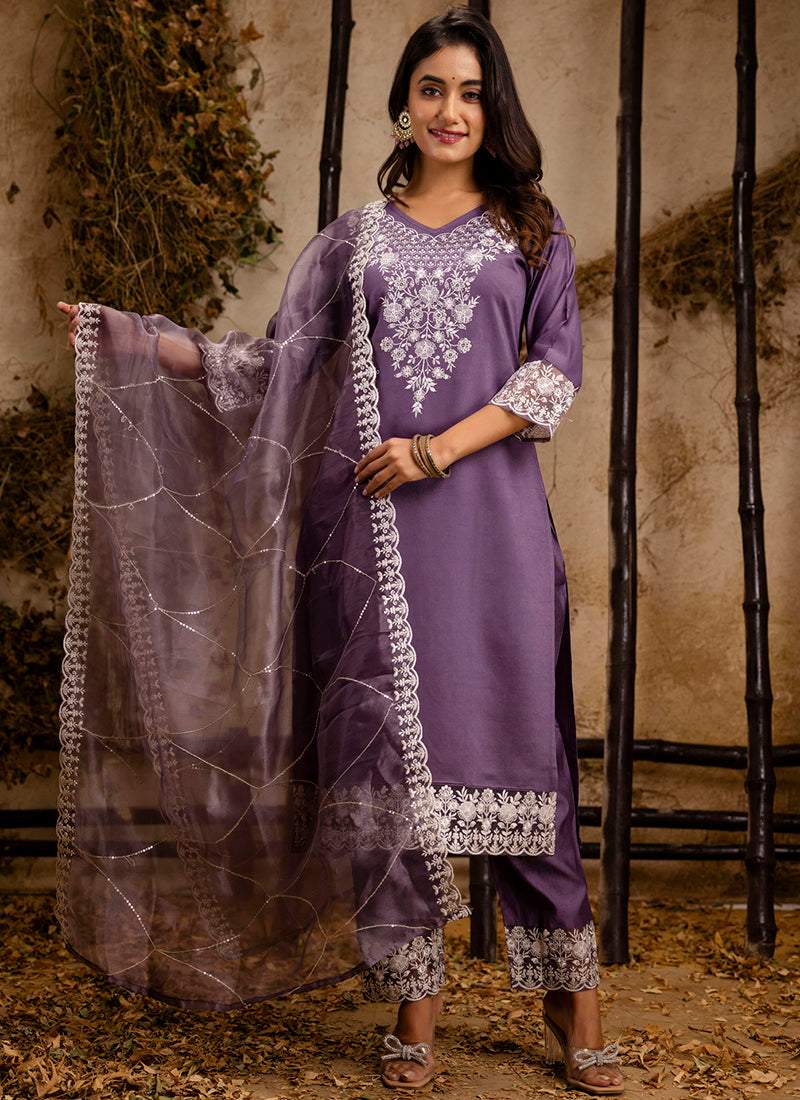 Vellora Silk Blend Lavender Festival Wear Embroidery Work Readymade Salwar Suit - Distacart